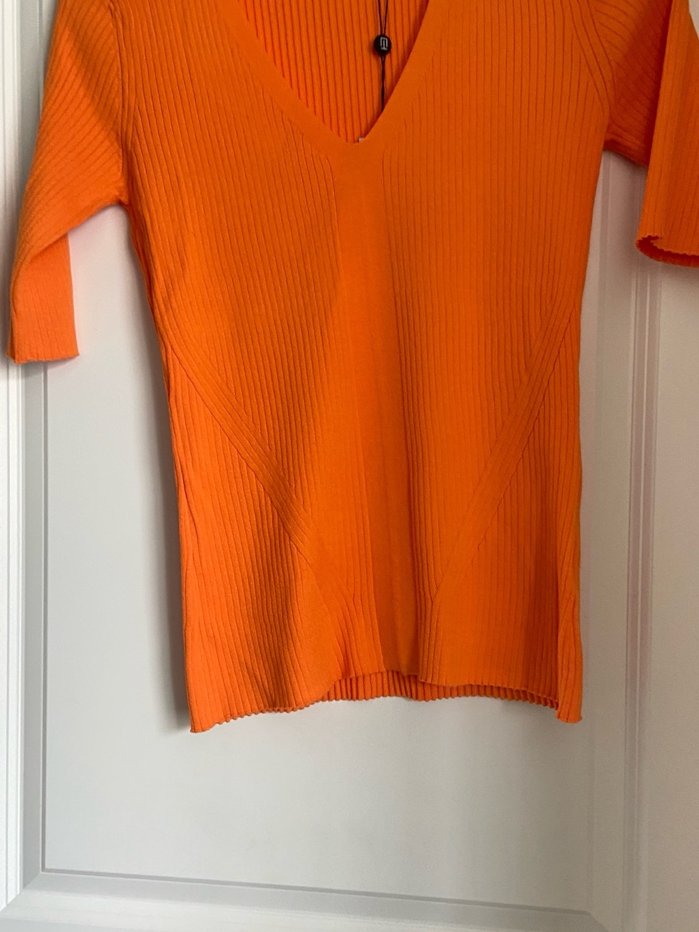 NWT $145 Elie Tahari Ribbed Short Sleeve Top in Bright Orange Size L
